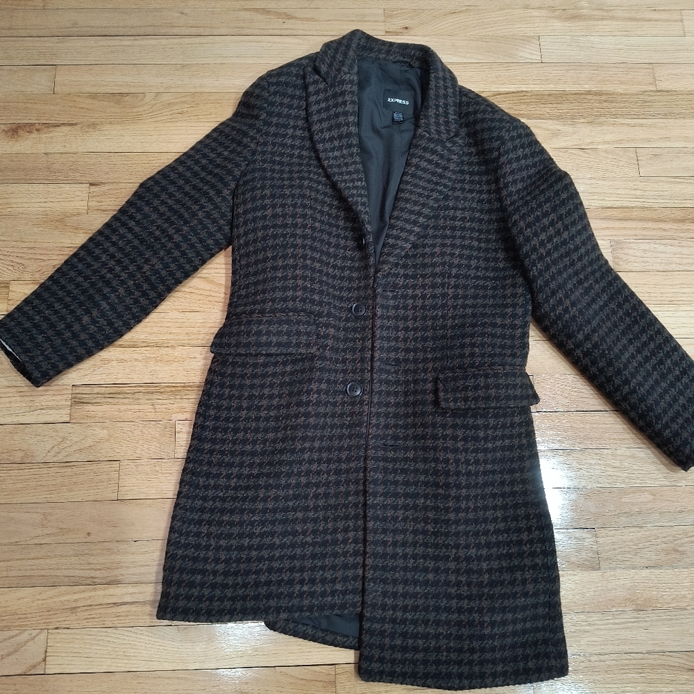 Express Men's Houndstooth Overcoat - Olive and Black - Size Small